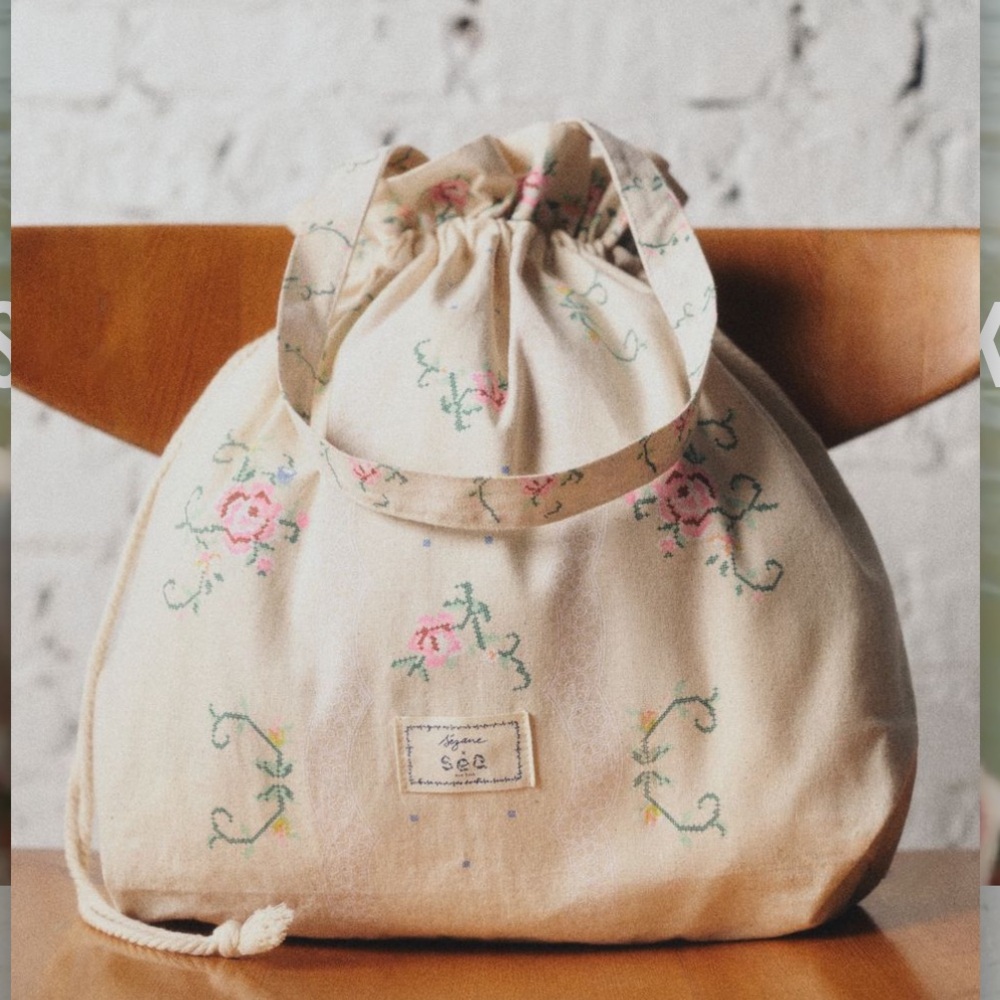 Sézane x Sea Floral Embroidered Drawstring Bag NEW